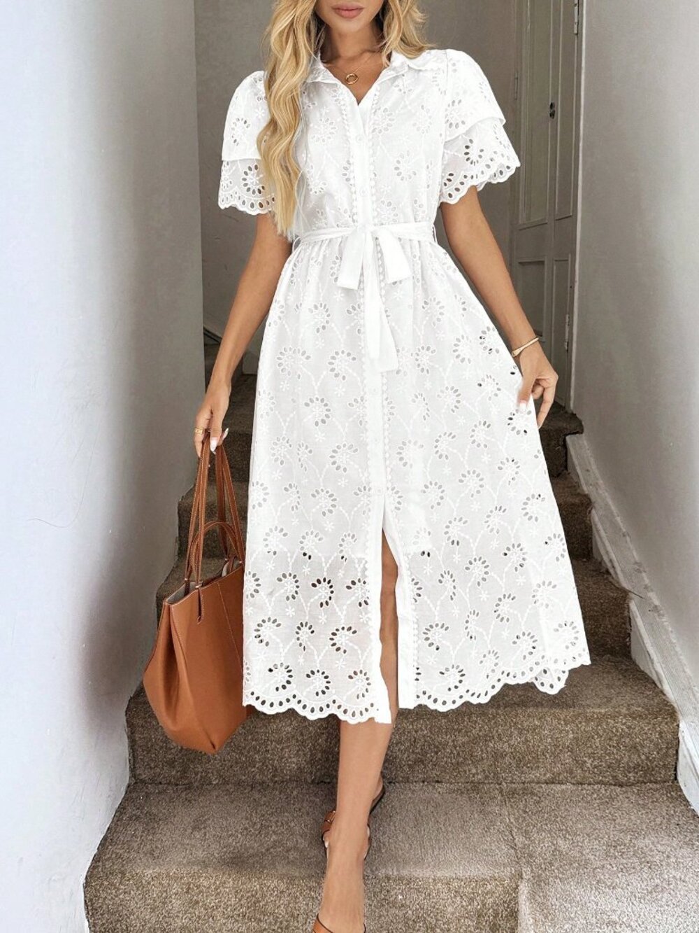 White Boho Women's Casual Embroidered Collar Dress - Picture 8 of 8